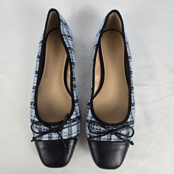LOFT Size 7.5M Blue Plaid Tweed and Black Leather Ballet Flats Bow Accent - Picture 3 of 12